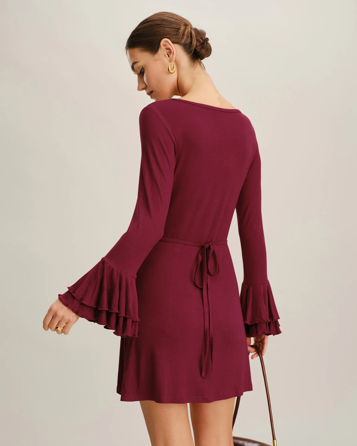 Wine Red A-Line Ruffle Mini Dress sold by rihoas product image thumbnail 4