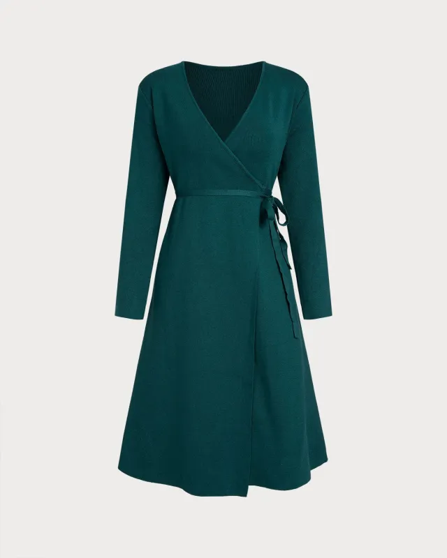 Green V Neck A-Line Sweater Dress sold by rihoas