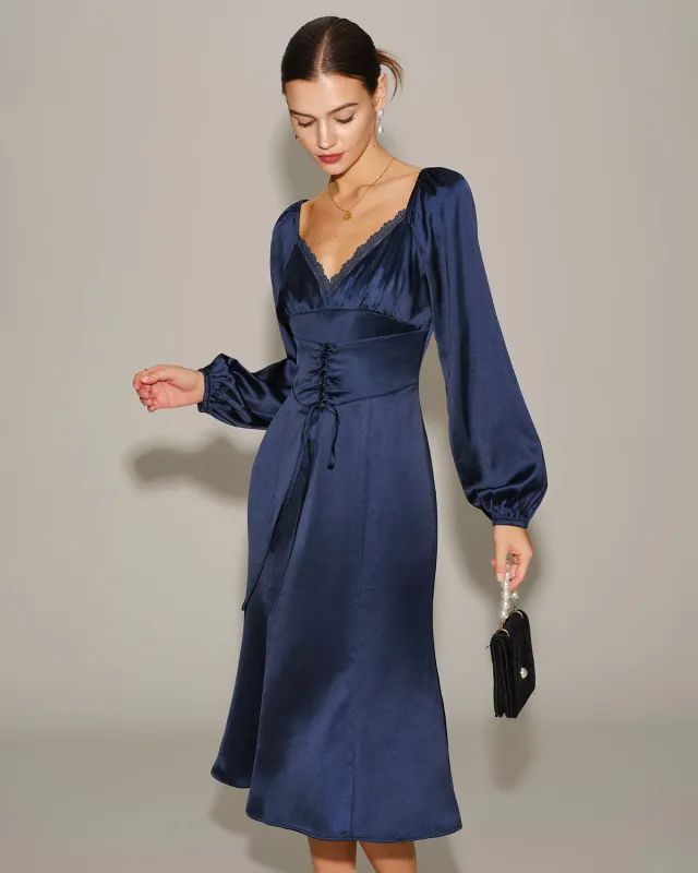 Navy Satin V Neck Ruched Midi Dress sold by rihoas