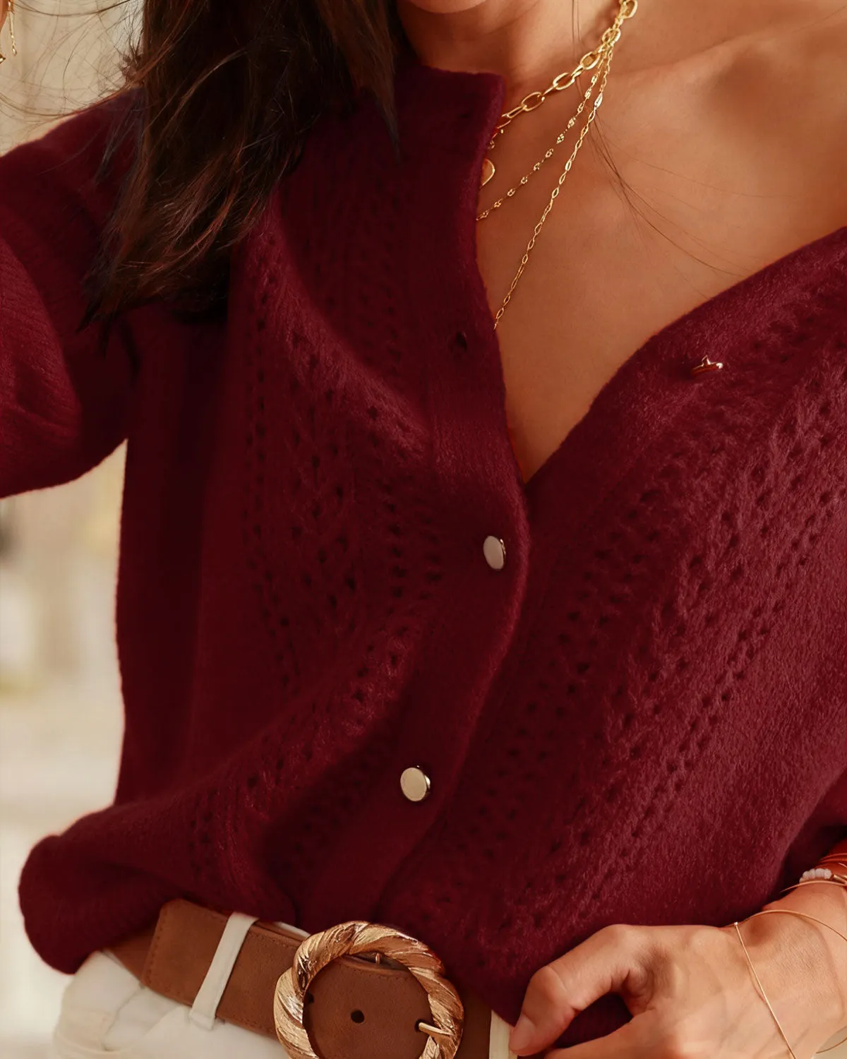 Wine Red Round Neck Knit Cardigan sold by rihoas product image thumbnail 3