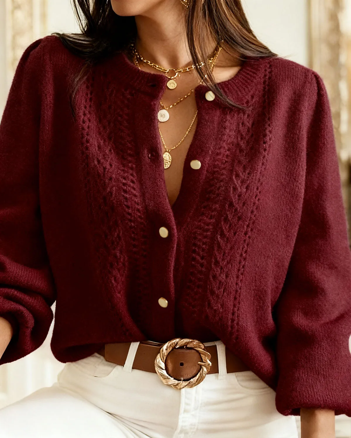Wine Red Round Neck Knit Cardigan sold by rihoas product image thumbnail 2