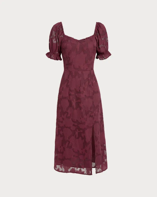 Wine Red Jacquard Slit Midi Dress made by rihoas