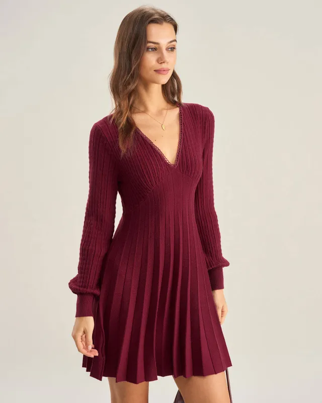 Wine Red V-Neck A-Line Sweater Dress sold by rihoas