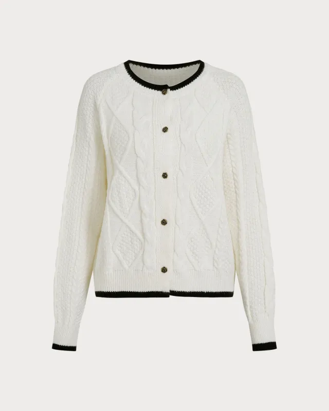 White Contrasting Single Breasted Knit Cardigan sold by rihoas