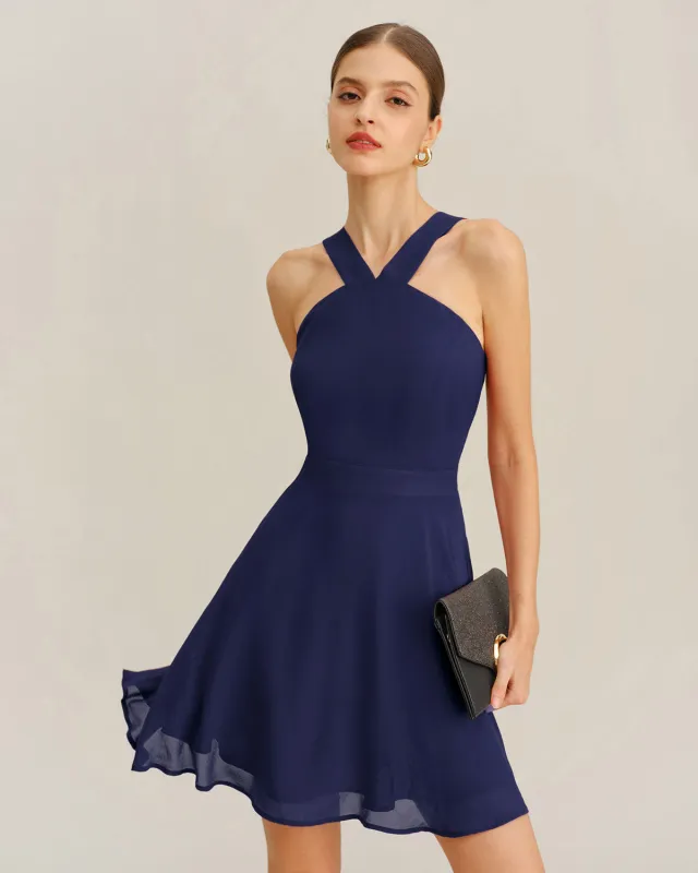 Navy Chiffon A-Line Mini Dress sold by rihoas