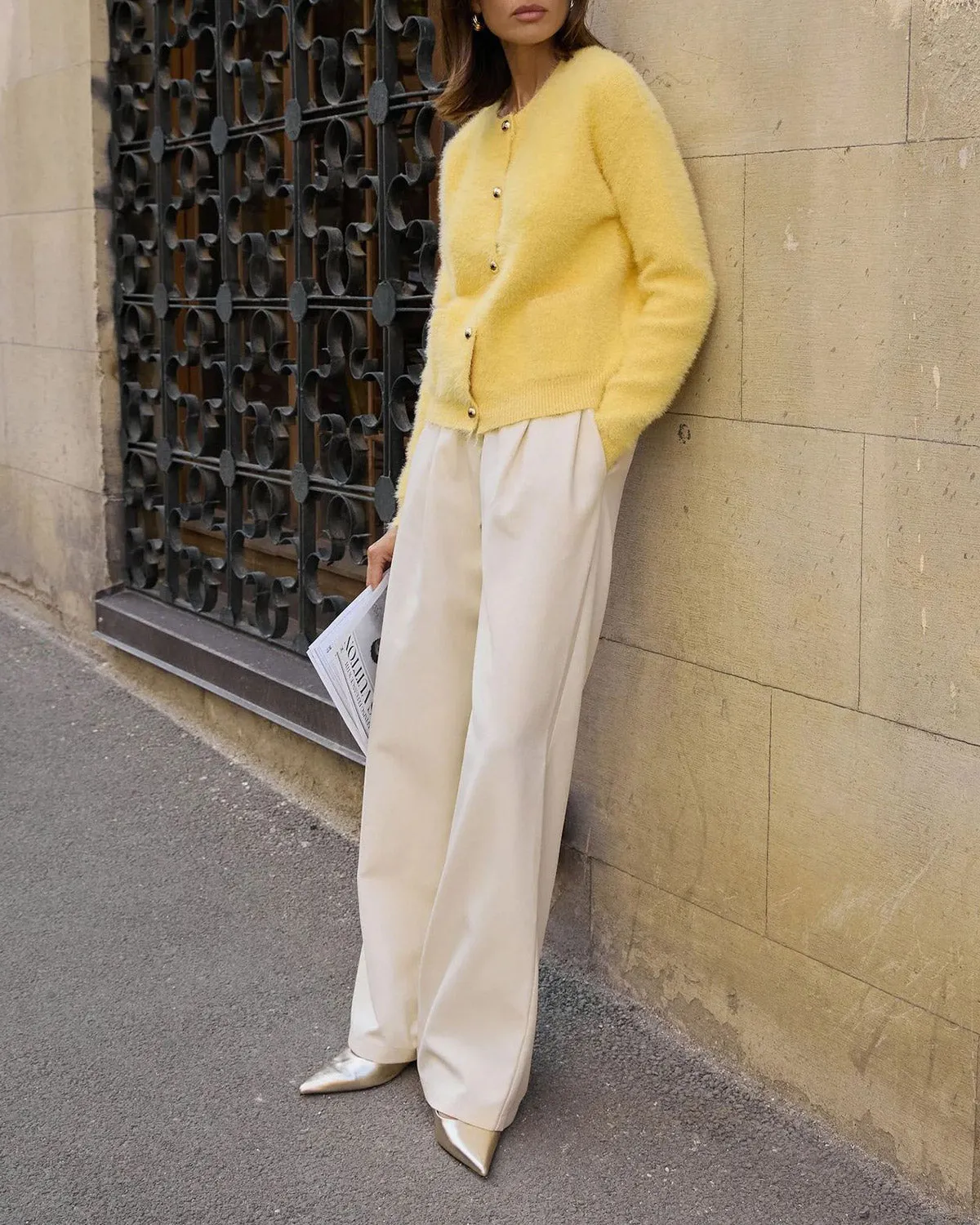 Yellow Round Neck Knit Cardigan sold by rihoas product image thumbnail 5