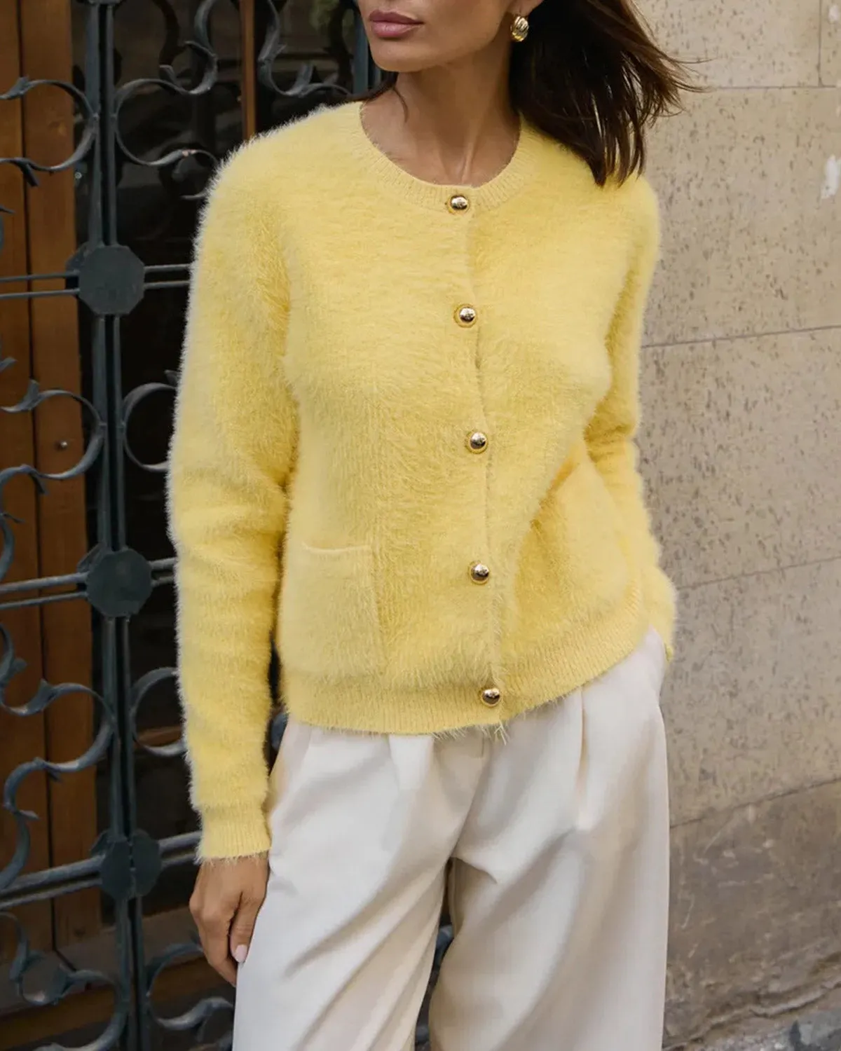 Yellow Round Neck Knit Cardigan sold by rihoas product image thumbnail 3