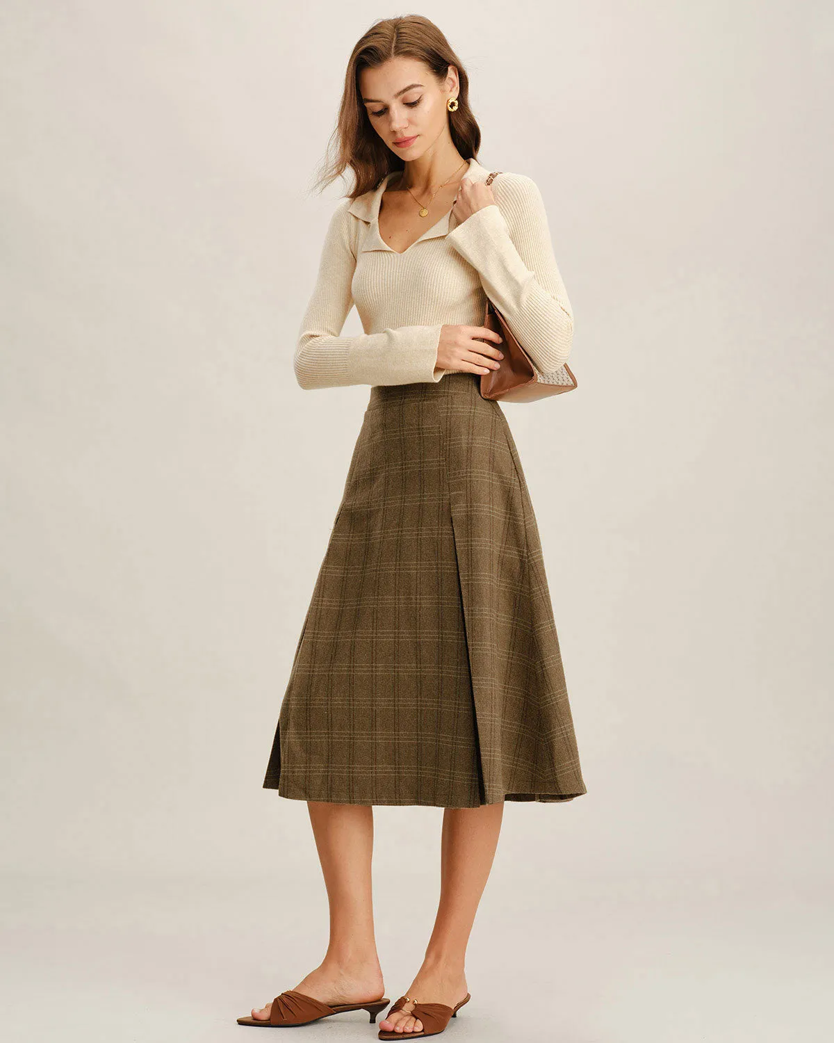 Brown Plaid A-Line Midi Skirt sold by rihoas product image thumbnail 4