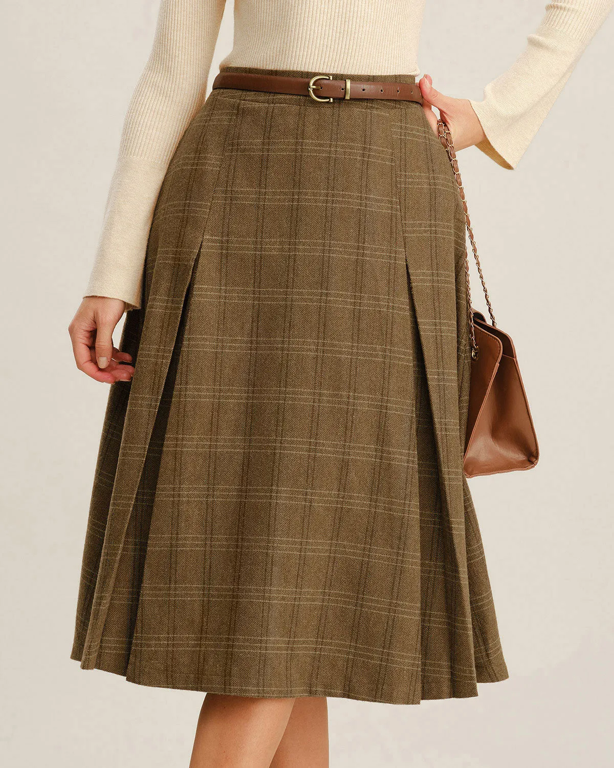 Brown Plaid A-Line Midi Skirt sold by rihoas