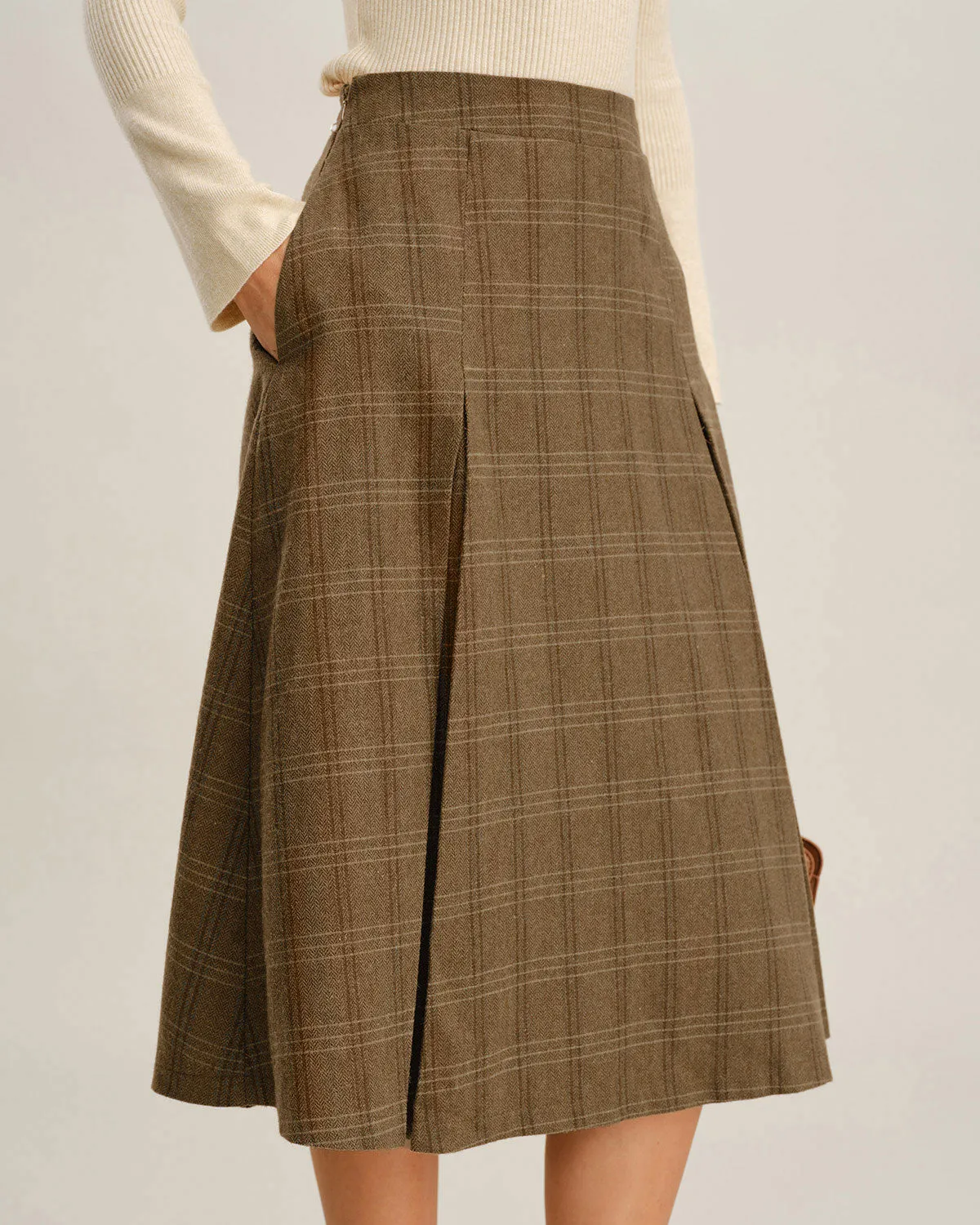 Brown Plaid A-Line Midi Skirt sold by rihoas product image thumbnail 2