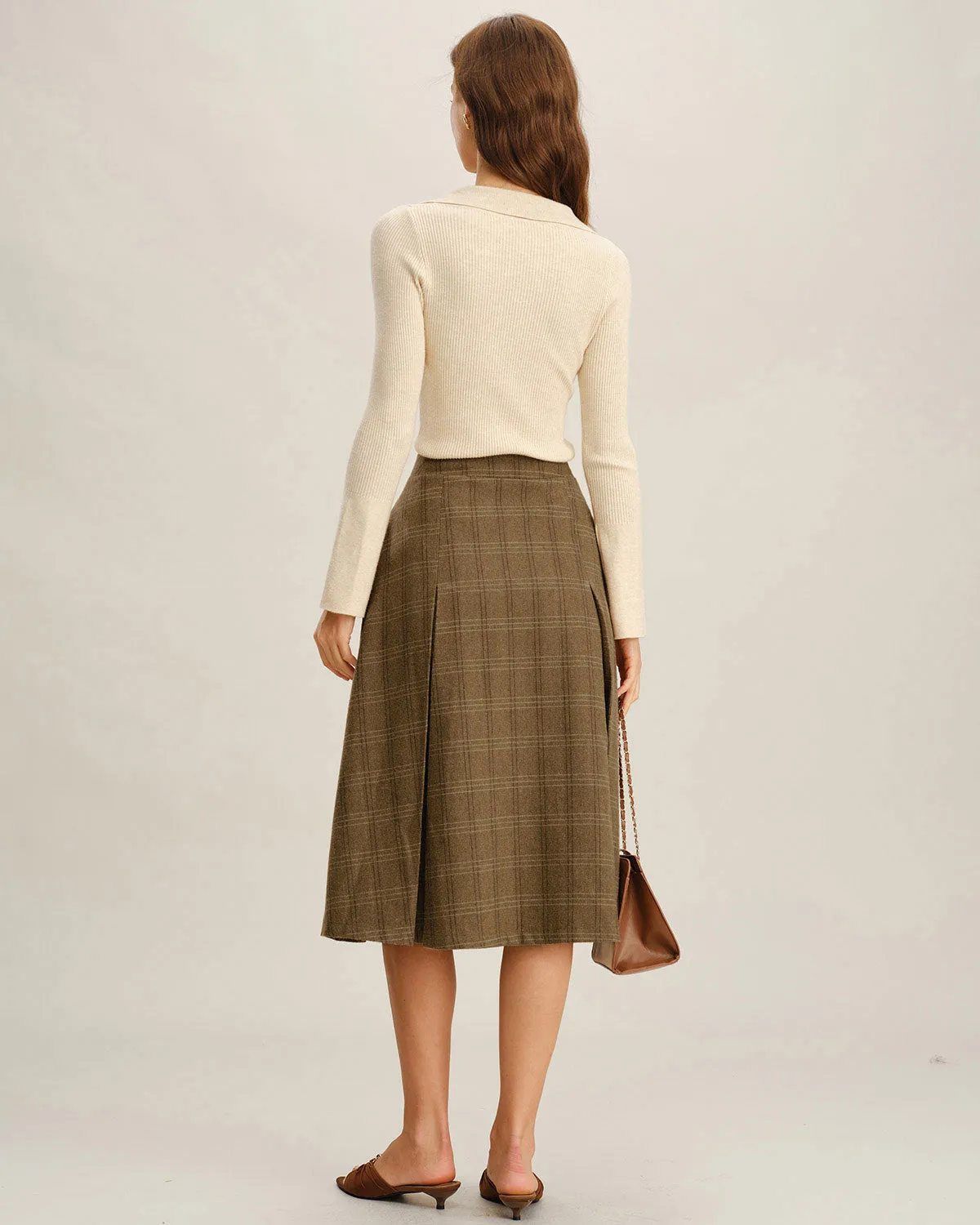 Brown Plaid A-Line Midi Skirt sold by rihoas product image thumbnail 5