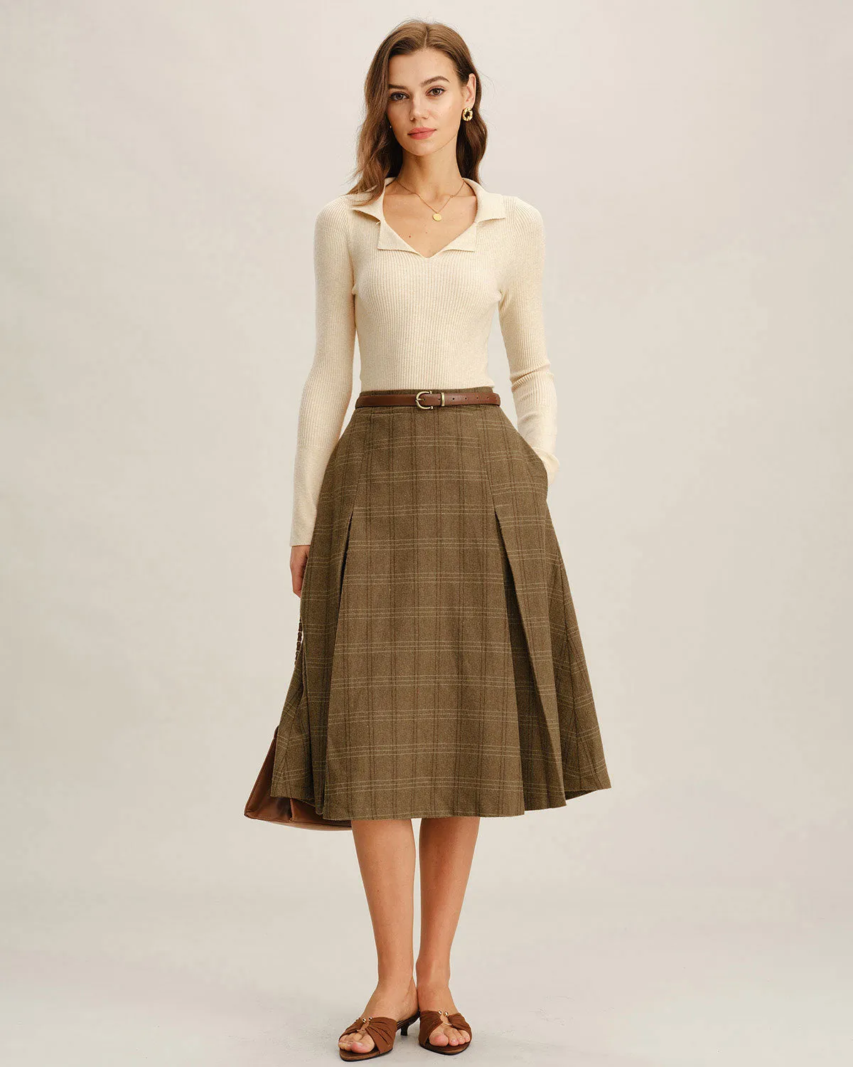 Brown Plaid A-Line Midi Skirt sold by rihoas product image thumbnail 3