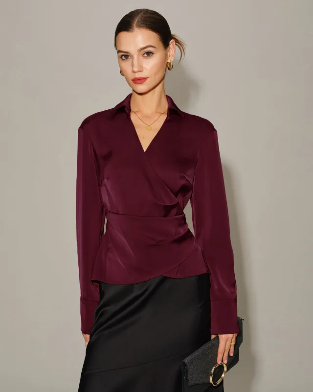Wine Red Satin V Neck Tie Shirt sold by rihoas