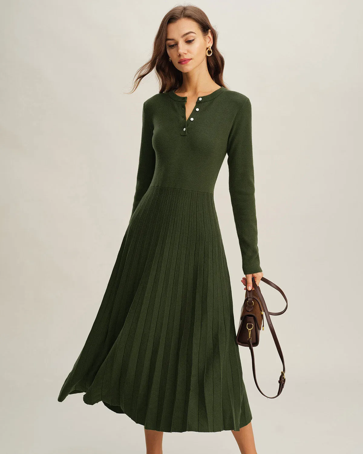 Green Round Neck Pleated Sweater Dress sold by rihoas product image thumbnail 4