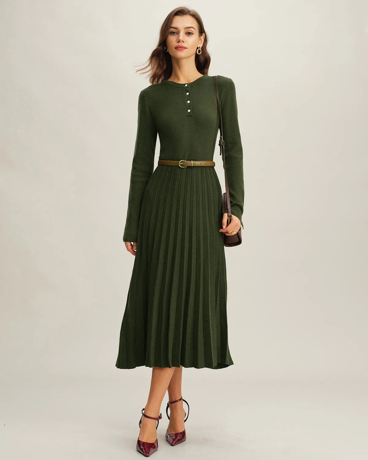Green Round Neck Pleated Sweater Dress sold by rihoas product image thumbnail 5