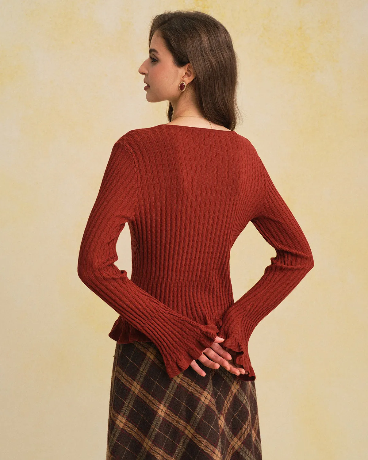 Brown V Neck Bell Sleeve Knit Cardigan sold by rihoas product image thumbnail 3