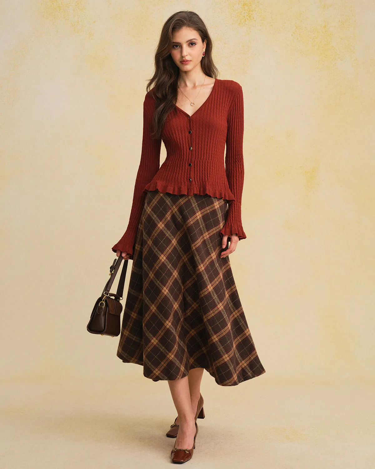 Brown V Neck Bell Sleeve Knit Cardigan sold by rihoas product image thumbnail 4