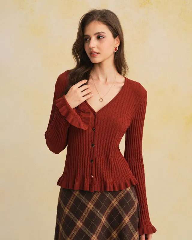 Brown V Neck Bell Sleeve Knit Cardigan sold by rihoas