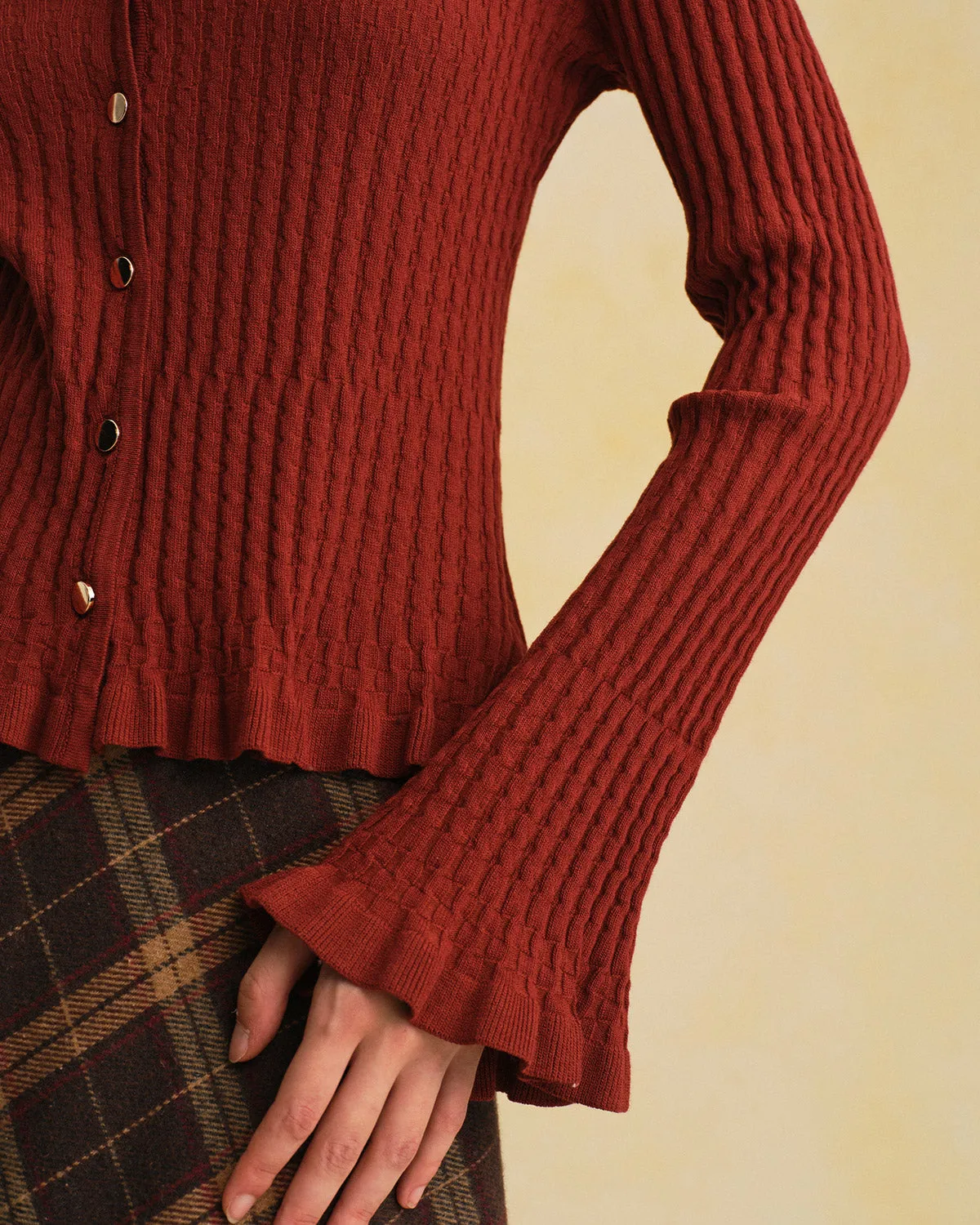 Brown V Neck Bell Sleeve Knit Cardigan sold by rihoas product image thumbnail 2