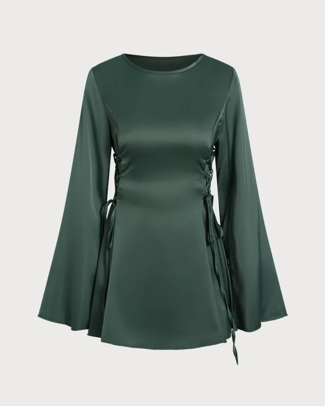 Green Satin Bell Sleeve Mini Dress sold by rihoas