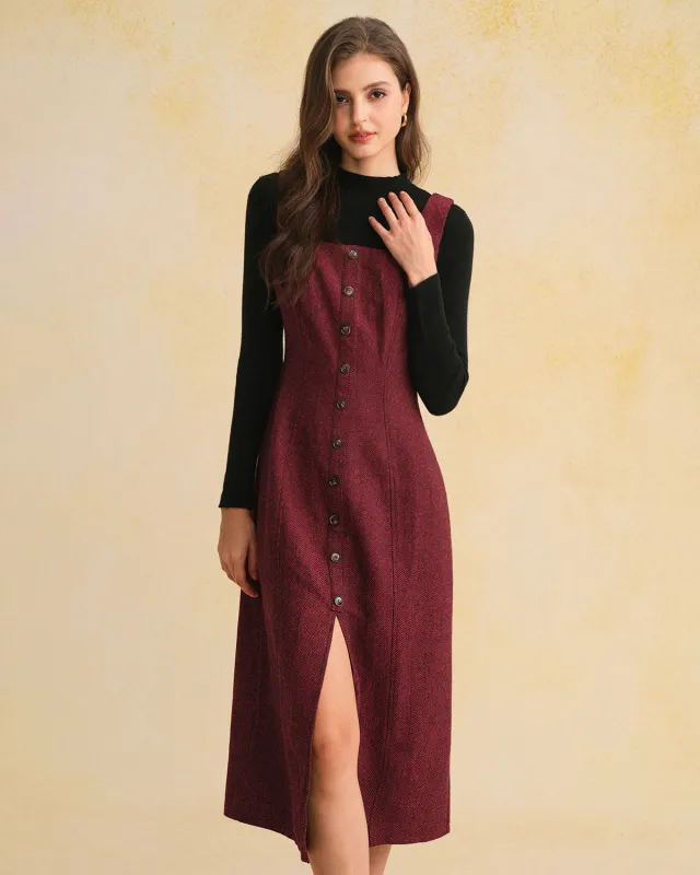 Red Sleeveless Slit Button Midi Dress sold by rihoas