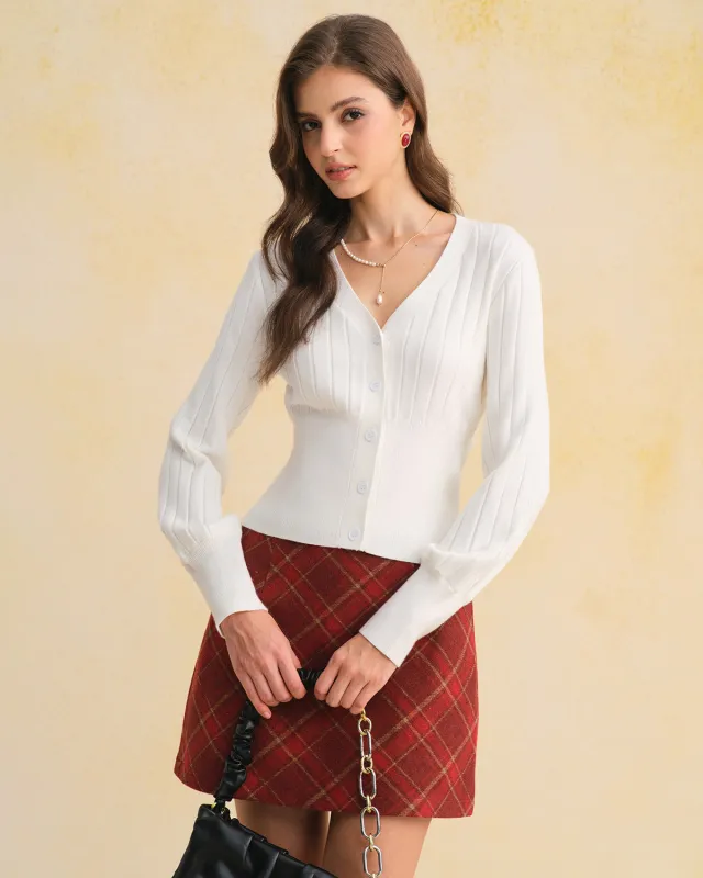 White V Neck Slim Knit Cardigan sold by rihoas
