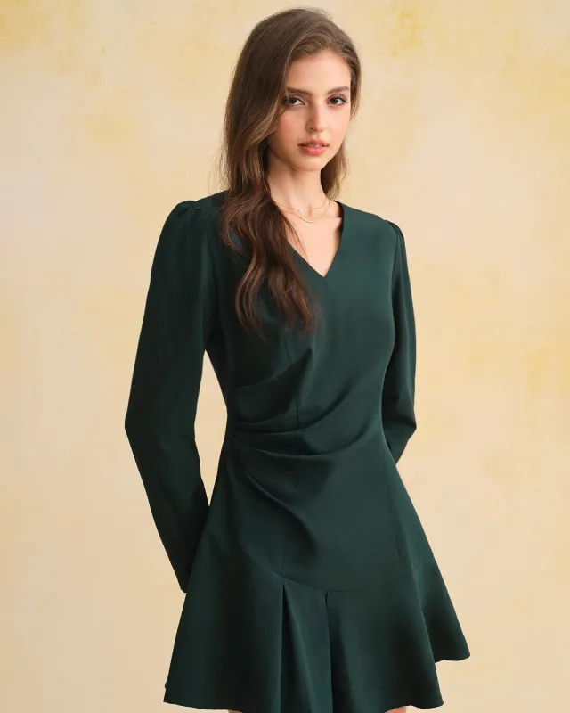 Green Ruched V Neck Mini Dress sold by rihoas
