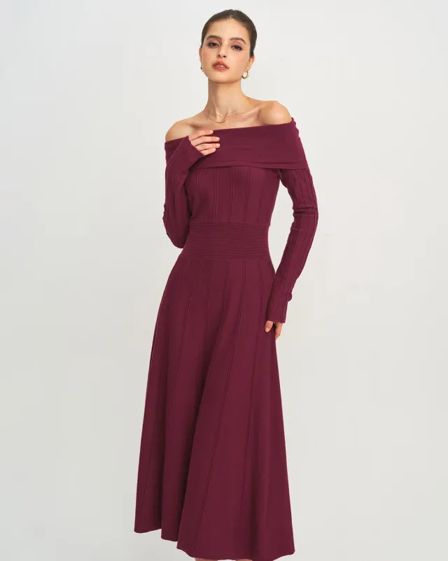 Wine Red Off The Shoulder Sweater Dress sold by rihoas