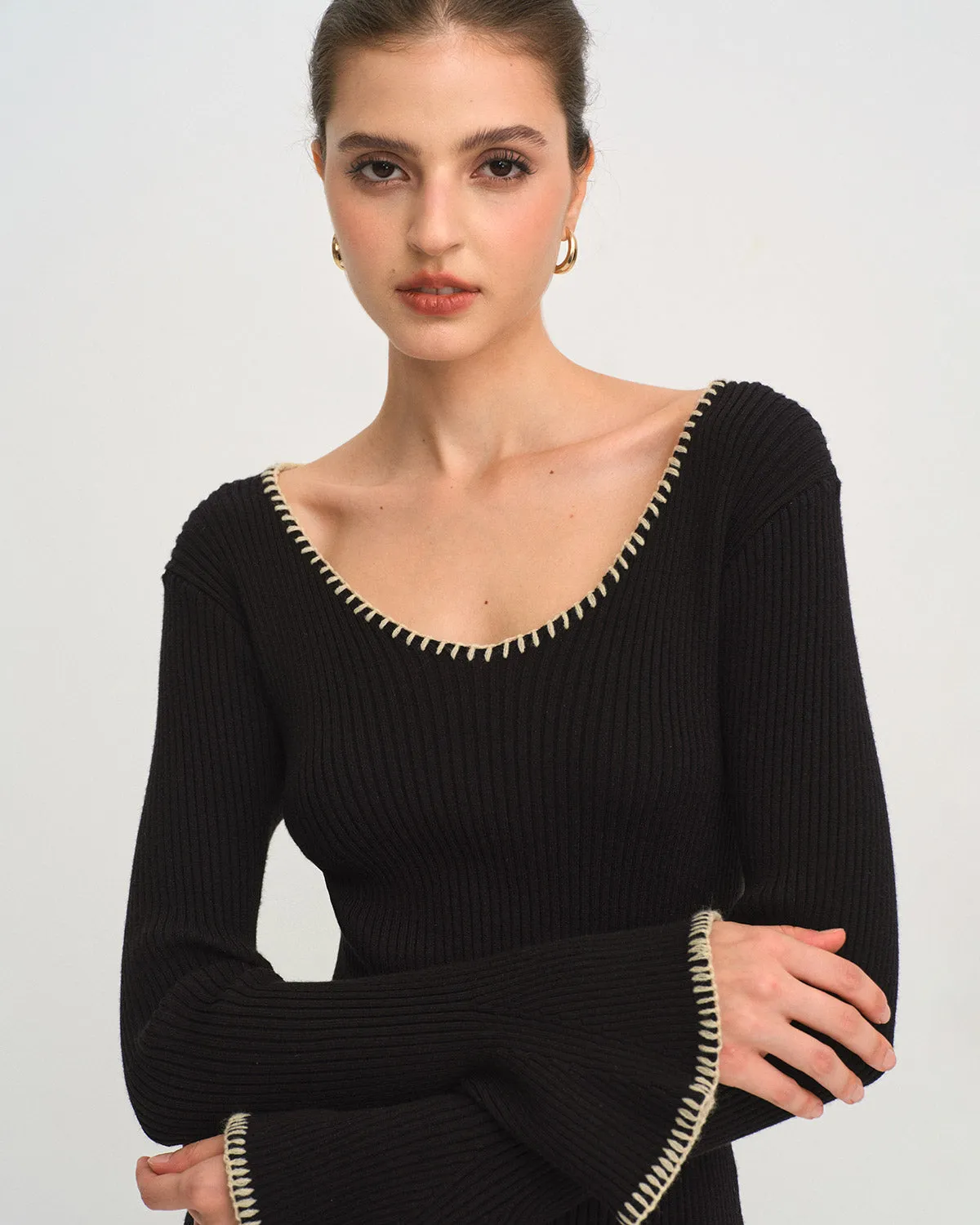 Black Contrasting Bell Sleeve Knit Tee sold by rihoas product image thumbnail 2