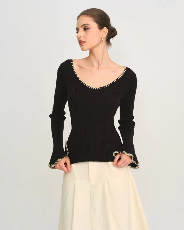 Black Contrasting Bell Sleeve Knit Tee sold by rihoas