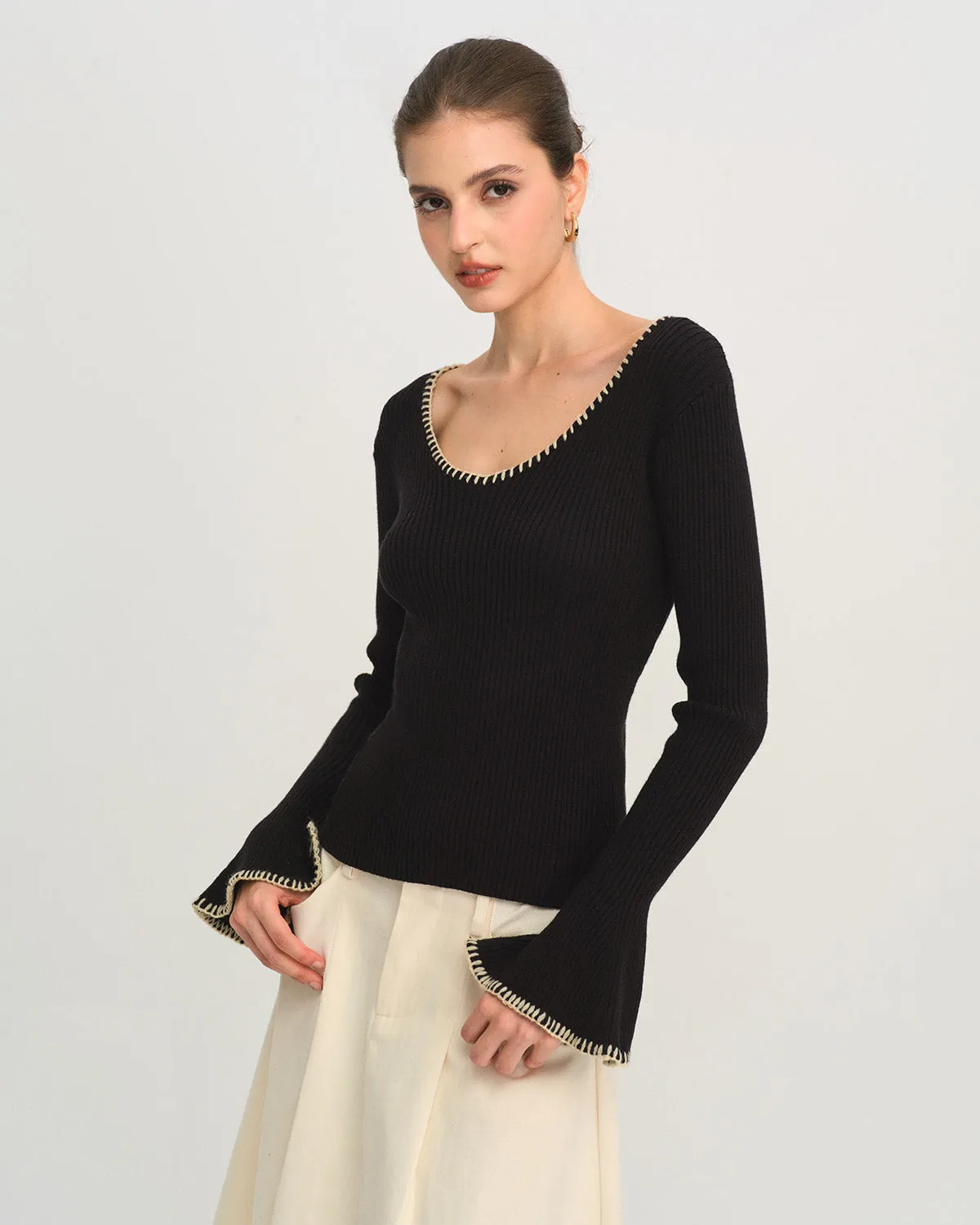 Black Contrasting Bell Sleeve Knit Tee sold by rihoas product image thumbnail 3