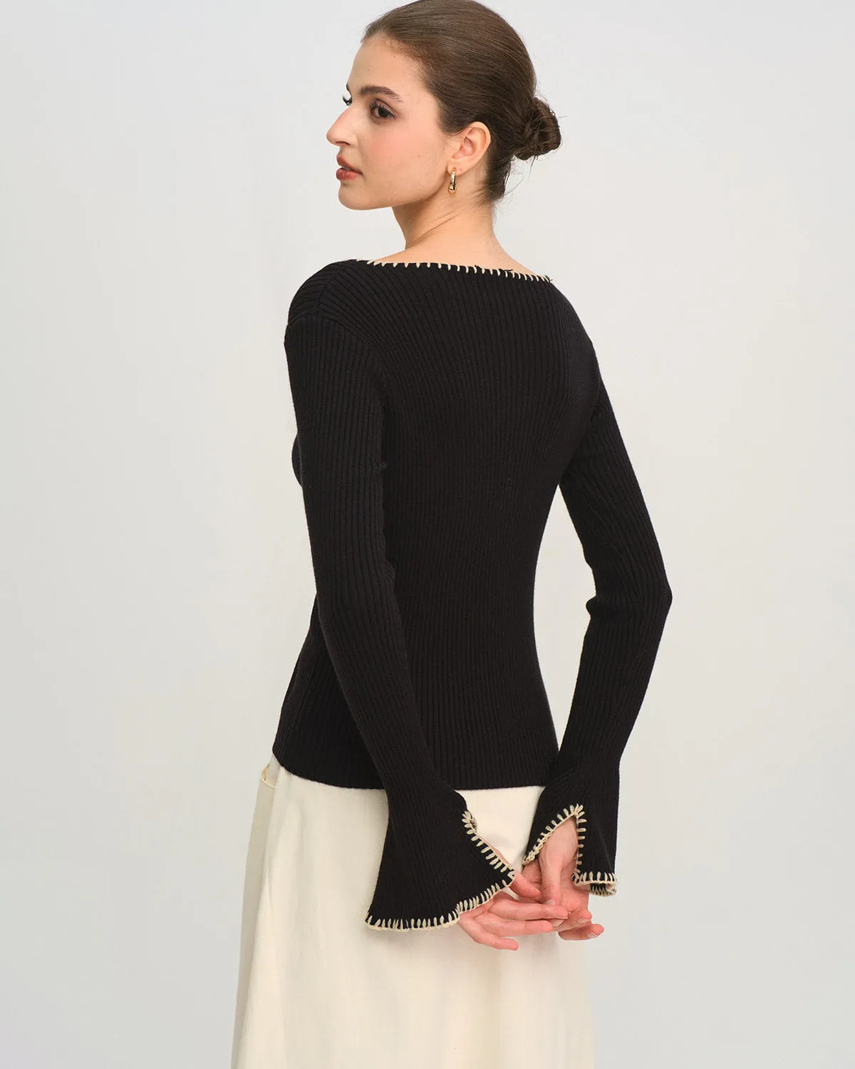 Black Contrasting Bell Sleeve Knit Tee sold by rihoas product image thumbnail 4