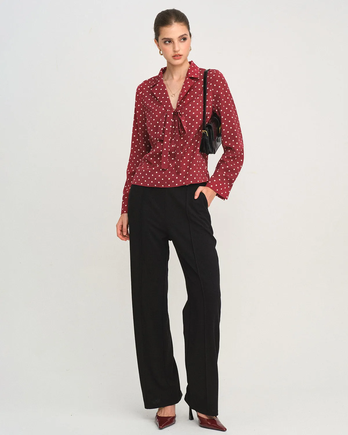 Dark Red Polka Dot Tie Neck Shirt sold by rihoas product image thumbnail 5