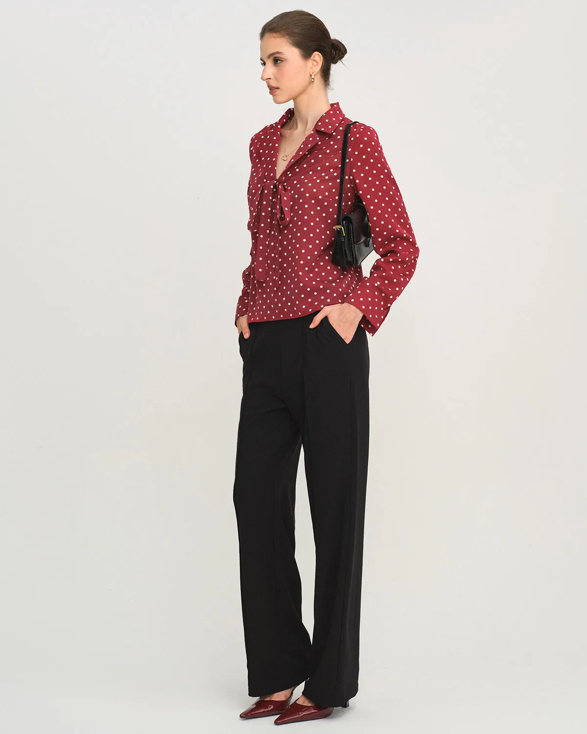 Dark Red Polka Dot Tie Neck Shirt sold by rihoas product image thumbnail 4