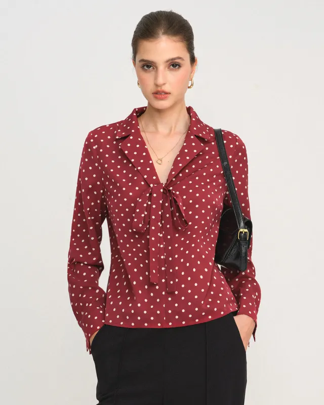 Dark Red Polka Dot Tie Neck Shirt sold by rihoas