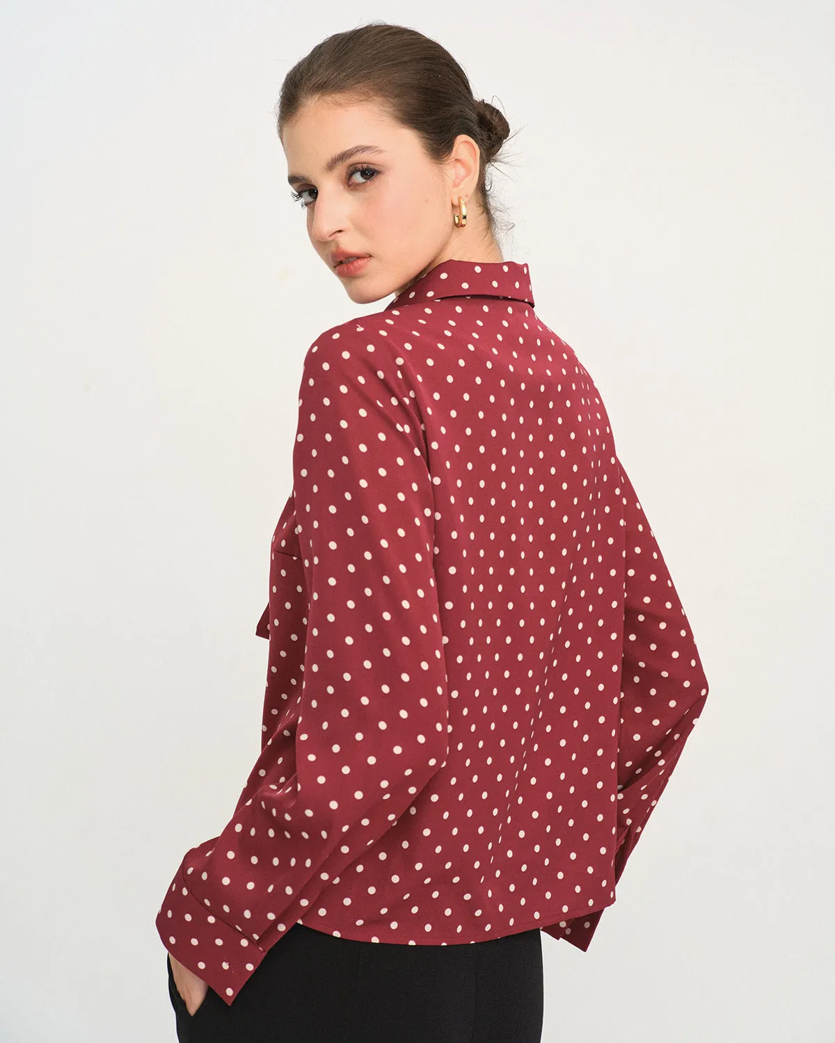 Dark Red Polka Dot Tie Neck Shirt sold by rihoas product image thumbnail 3