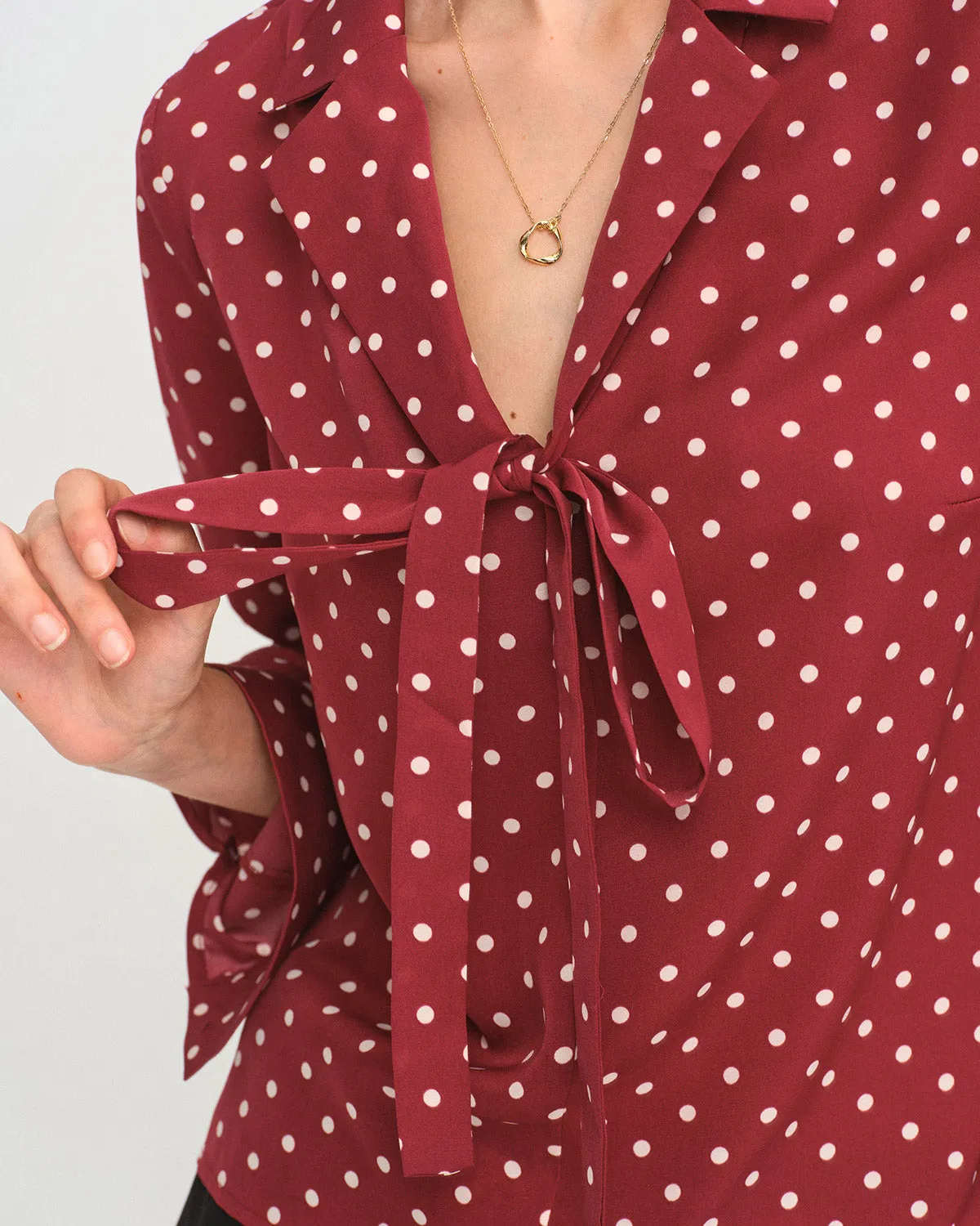 Dark Red Polka Dot Tie Neck Shirt sold by rihoas product image thumbnail 2