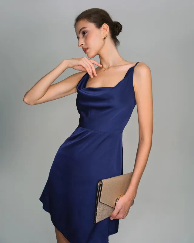 Navy Satin Cowl Neck Slip Mini Dress sold by rihoas