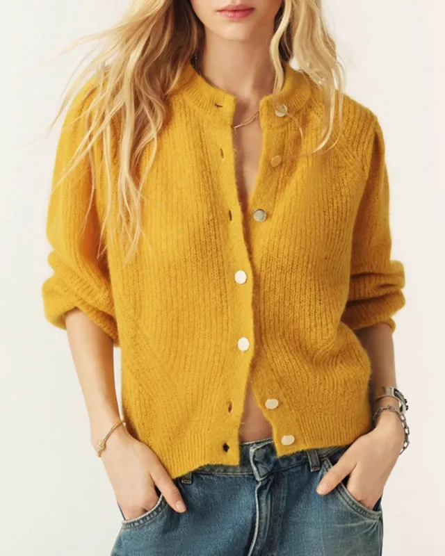 Yellow Round Neck Knit Cardigan sold by rihoas