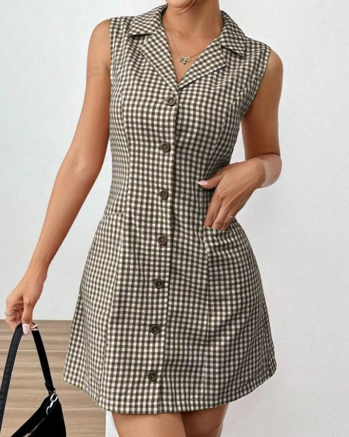 Coffee Plaid Tie-back Sleeveless Mini Dress sold by rihoas product image thumbnail 3