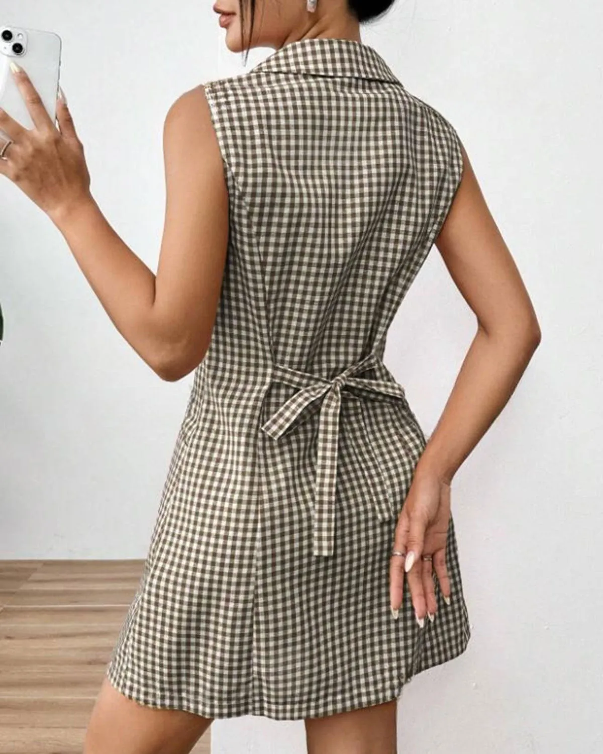 Coffee Plaid Tie-back Sleeveless Mini Dress sold by rihoas product image thumbnail 2