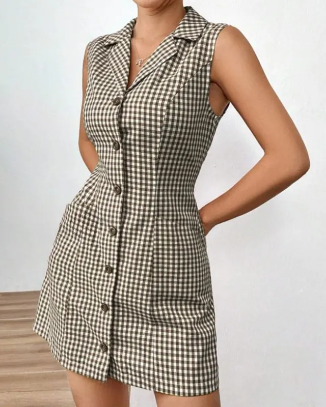 Coffee Plaid Tie-back Sleeveless Mini Dress sold by rihoas