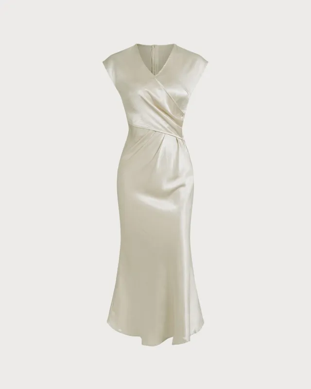 Beige Satin V Neck Sleeveless Midi Dress sold by rihoas