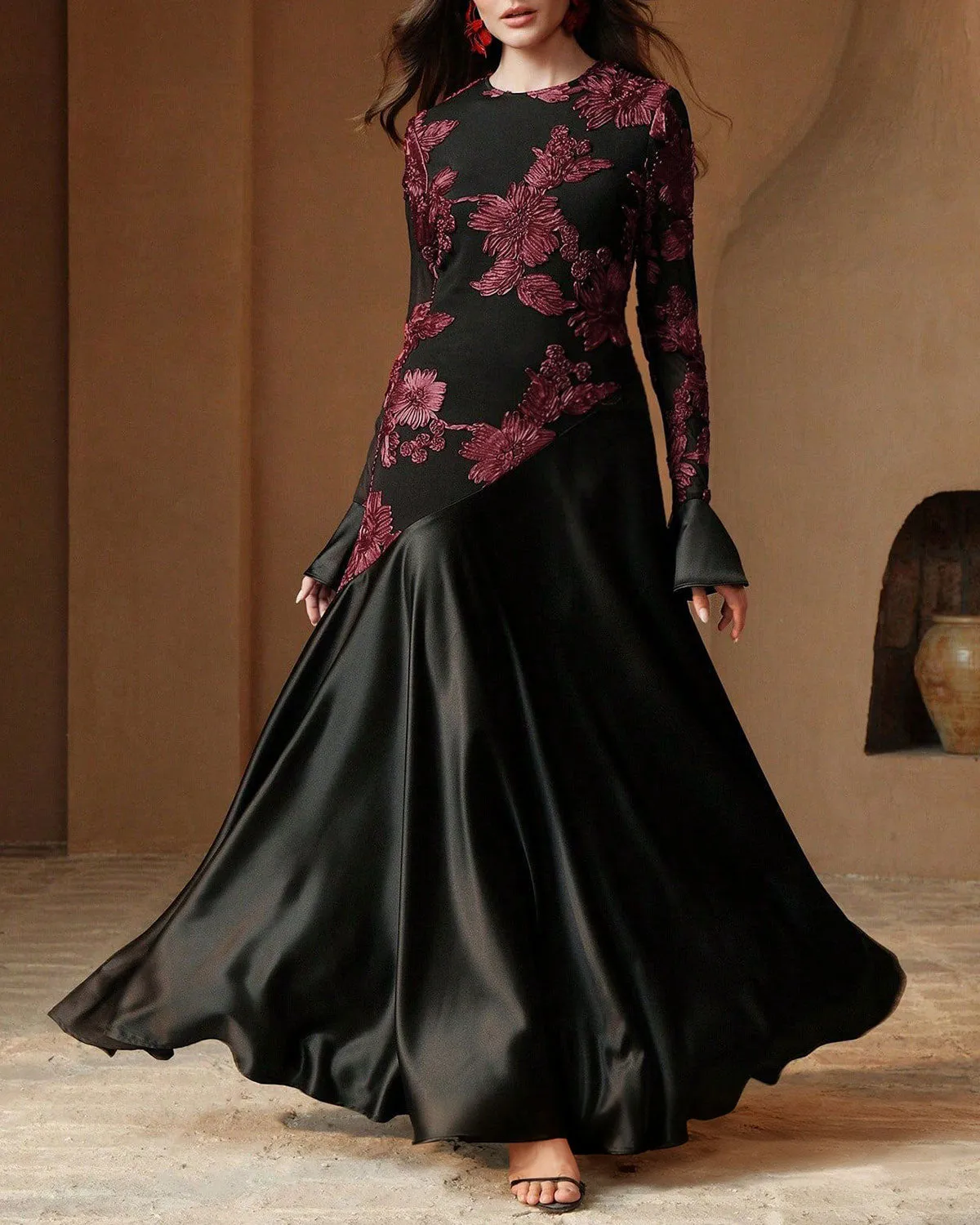 Black Floral Bell Sleeve Maxi Dress sold by rihoas product image thumbnail 4