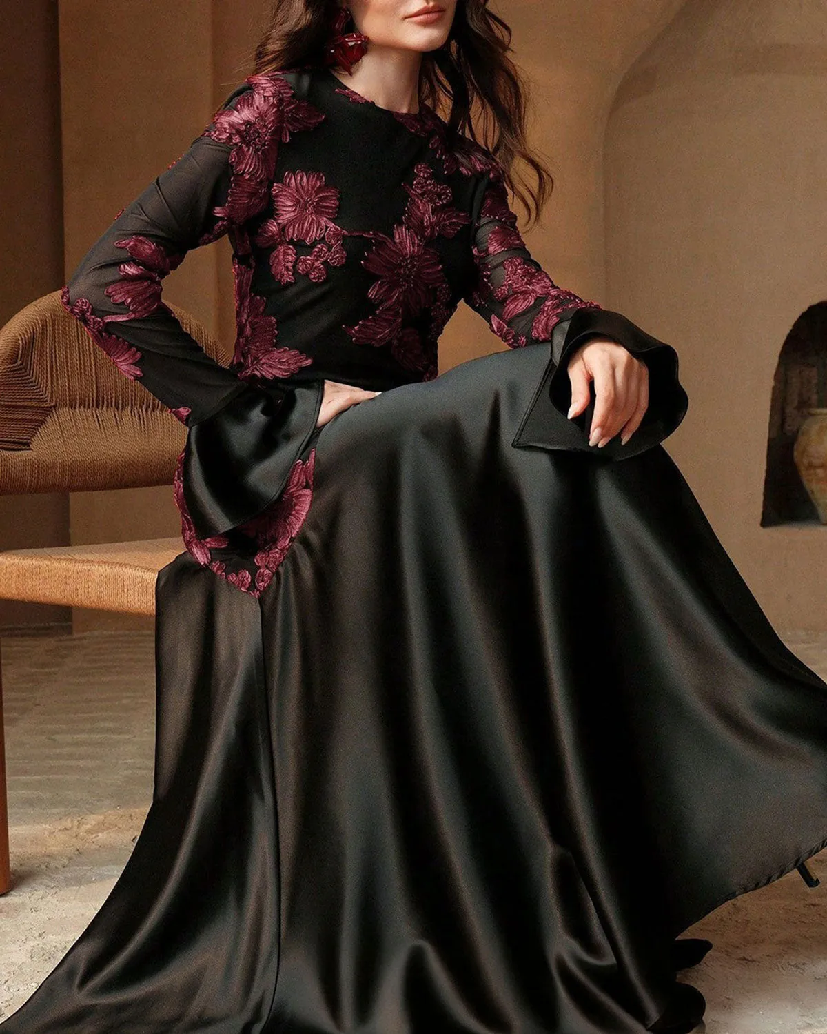 Black Floral Bell Sleeve Maxi Dress sold by rihoas product image thumbnail 2