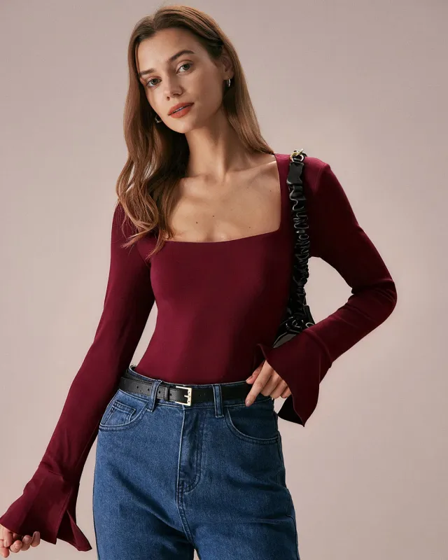 Wine Red Bell Sleeve Knit Tee sold by rihoas