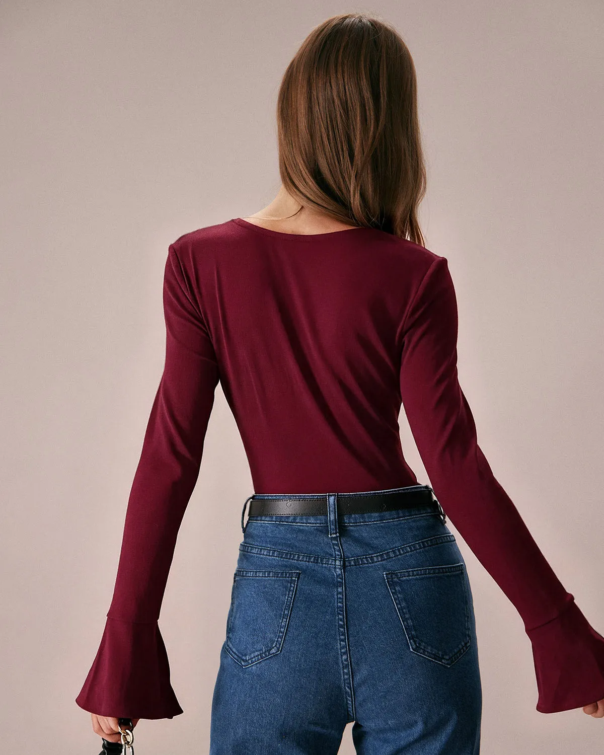 Wine Red Bell Sleeve Knit Tee sold by rihoas product image thumbnail 5