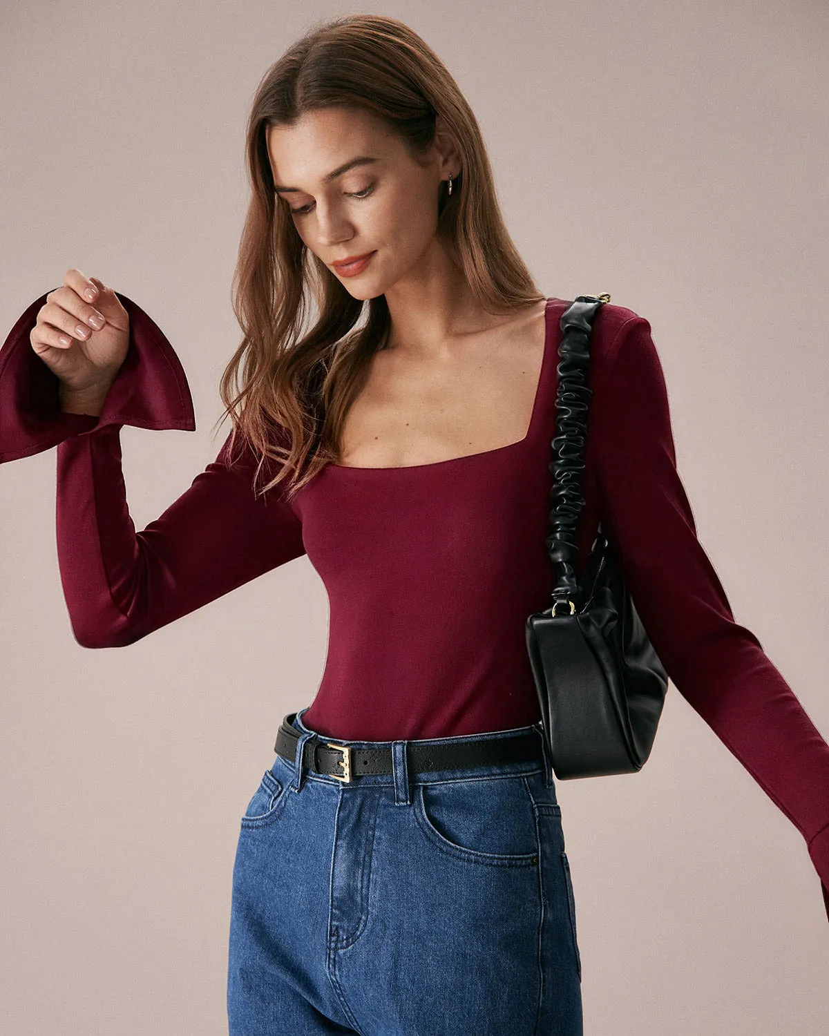 Wine Red Bell Sleeve Knit Tee sold by rihoas product image thumbnail 3