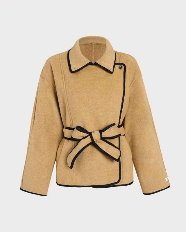 Khaki  Contrasting Belted Jacket sold by rihoas