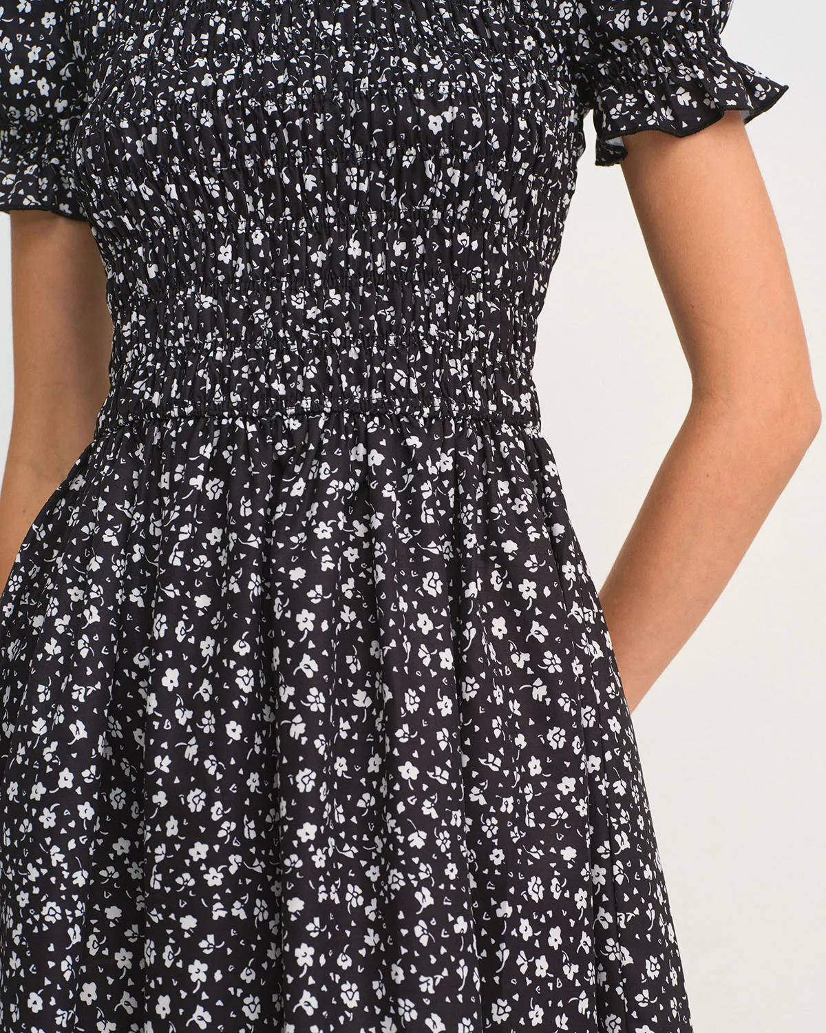 Black Floral Shirred A-Line Midi Dress sold by rihoas product image thumbnail 2